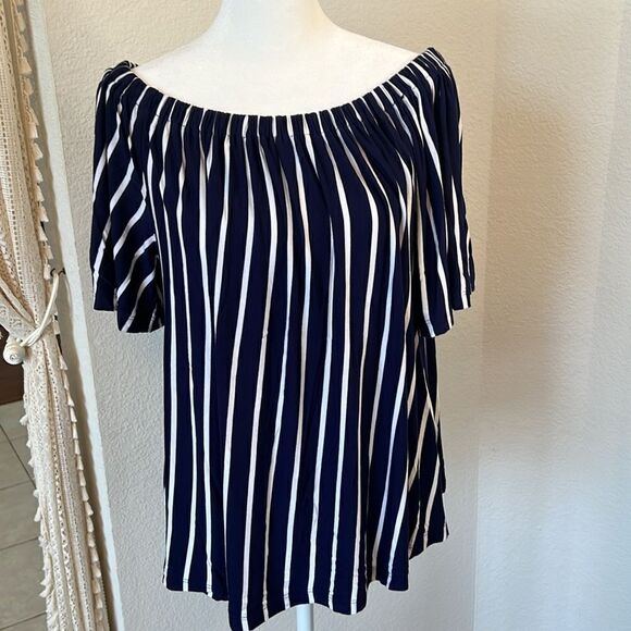 cable & guage Vertical Striped Off the Shoulder Flutter Sleeve Top ~ Size Medium - Picture 3 of 7